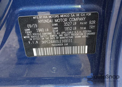 2020 Hyundai Accent Se z USA, uszkodzony, nr VIN 3KPC24A60LE103111